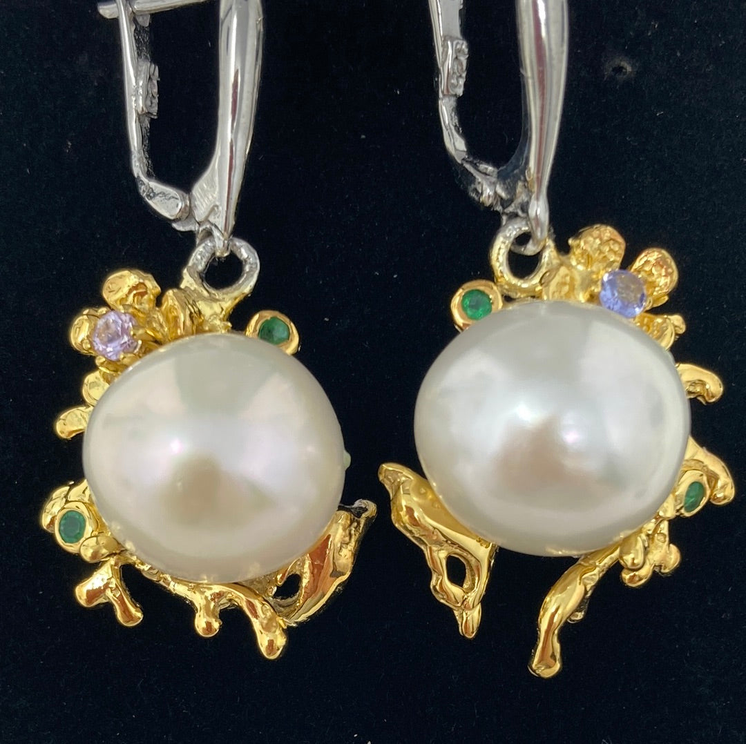 Lustrous Genuine Pearl, Emerald & Tanzanite Earrings.