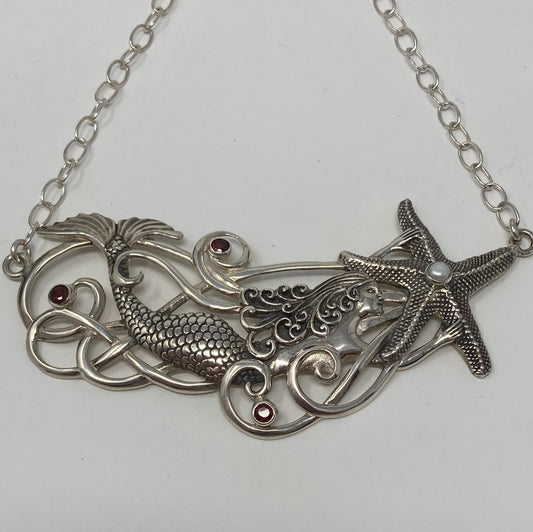 Artistic Sterling Silver Mermaid & Garnet Necklace
