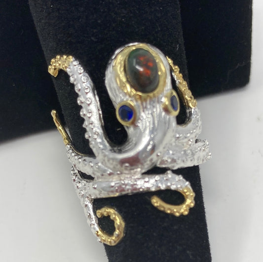 Artistic Genuine Black Opal Octopus Ring