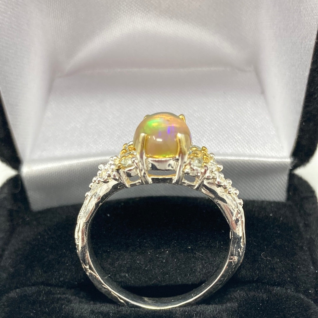 Genuine Fiery Opal With Blue Topaz Ring