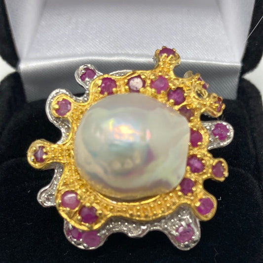 Genuine Luscious Baroque Pearl Embellished with Genuine Rubies