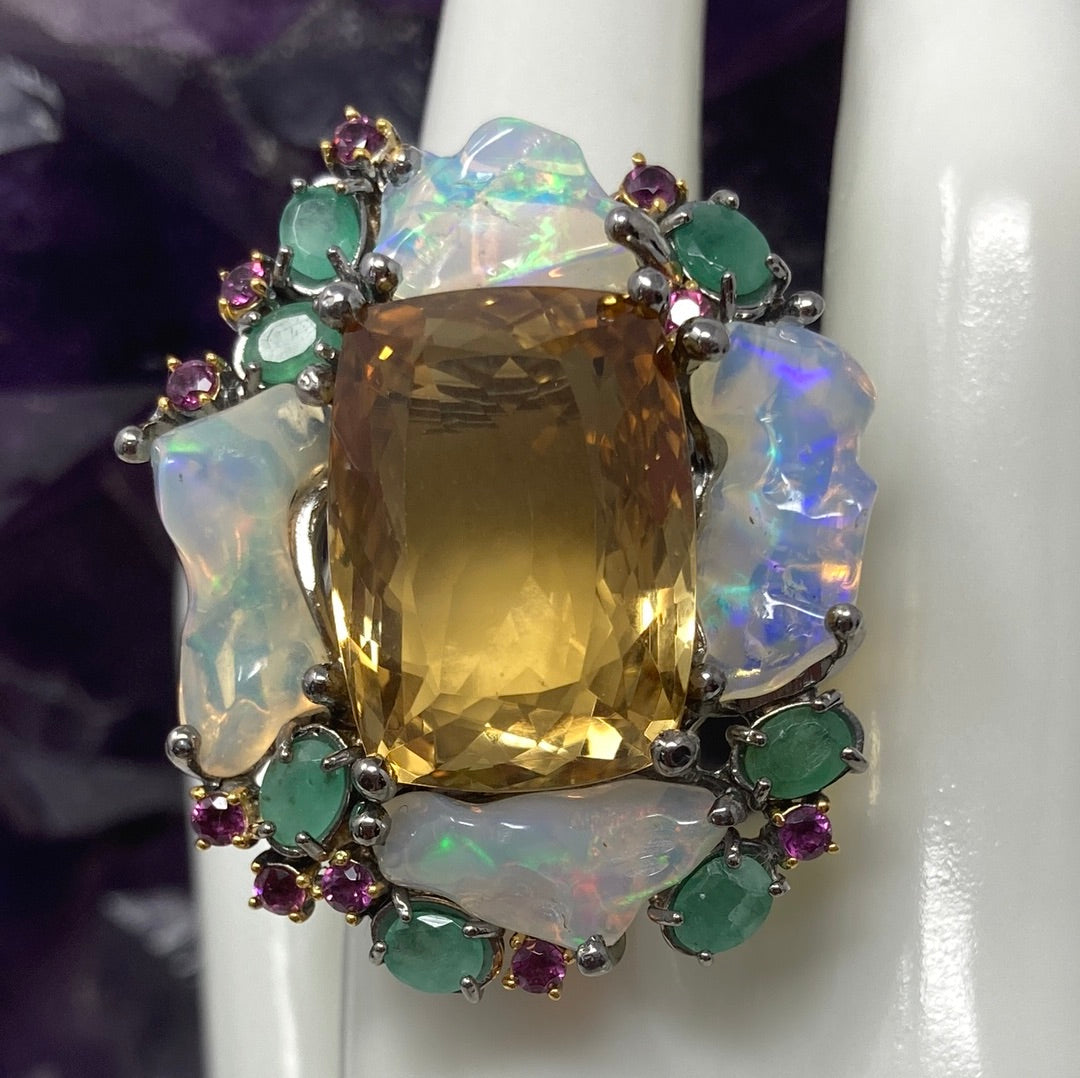 Masterpiece Genuine Citrine, Opal & Emerald Ring