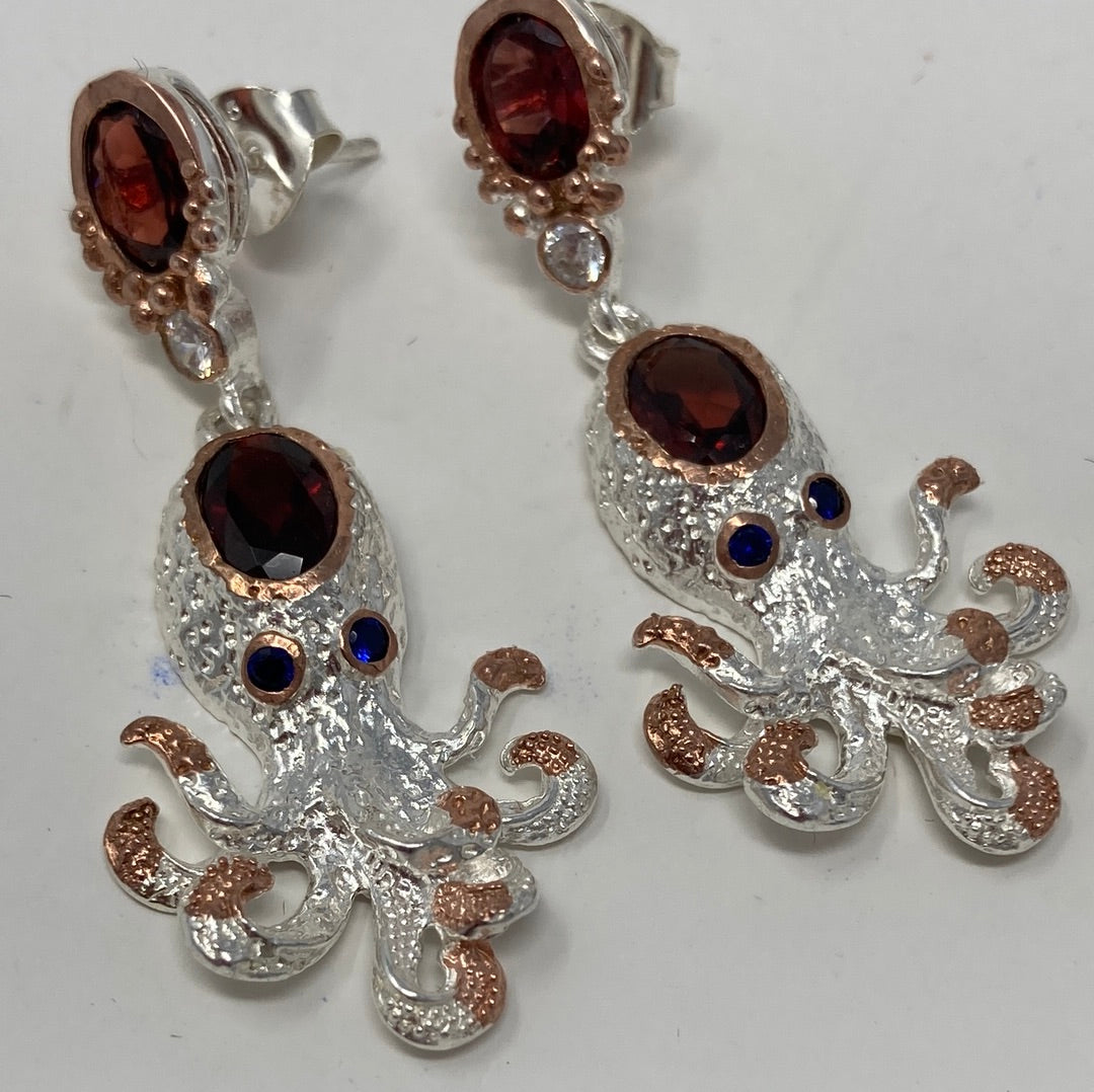Whimsical Genuine Garnet Octopus Earrings