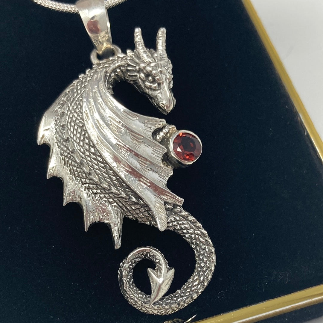 Artistic Unusual Sterling Dragon Pendant with Genuine Garnet