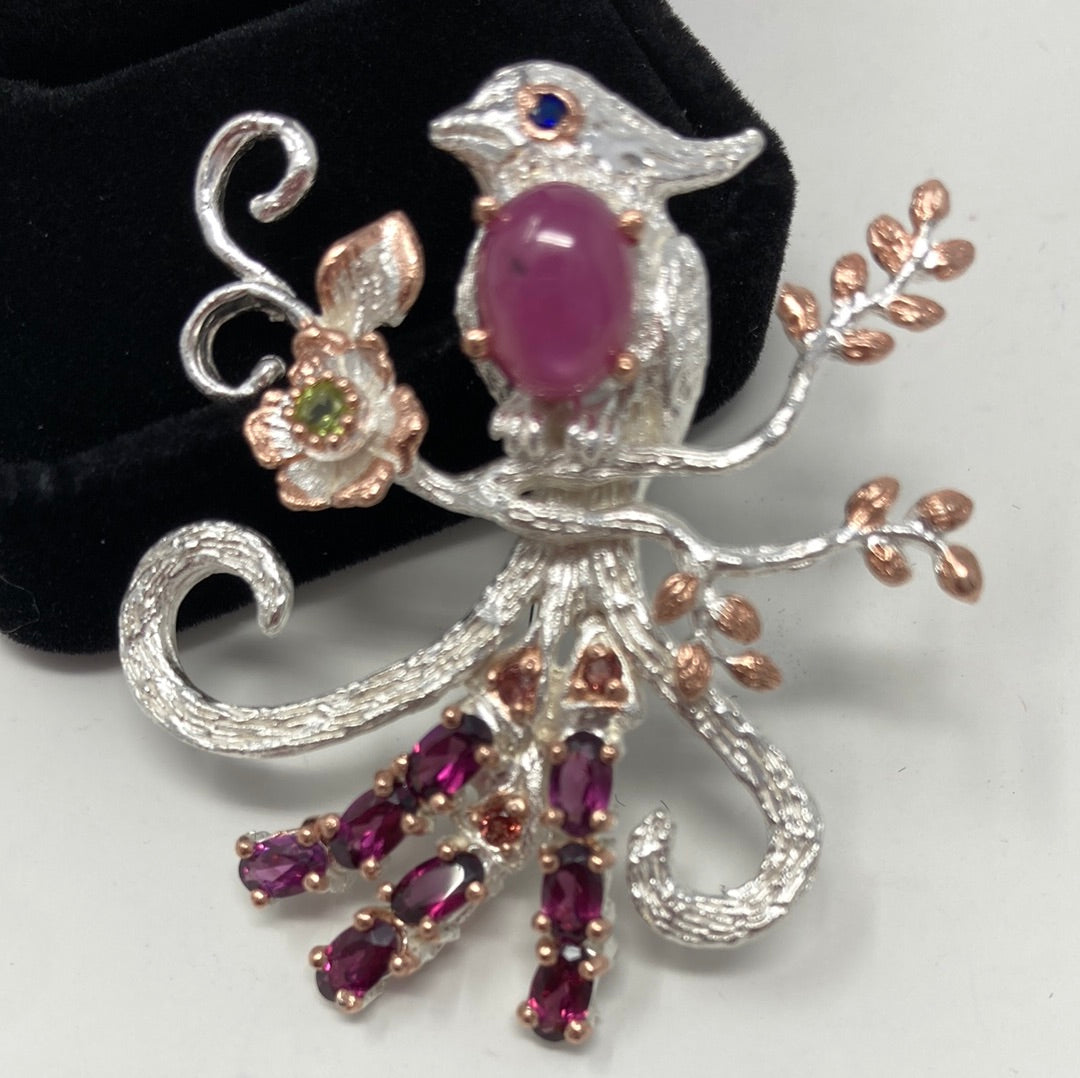 Genuine Ruby and Garnets Bird Brooch
