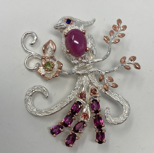 Genuine Ruby and Garnets Bird Brooch