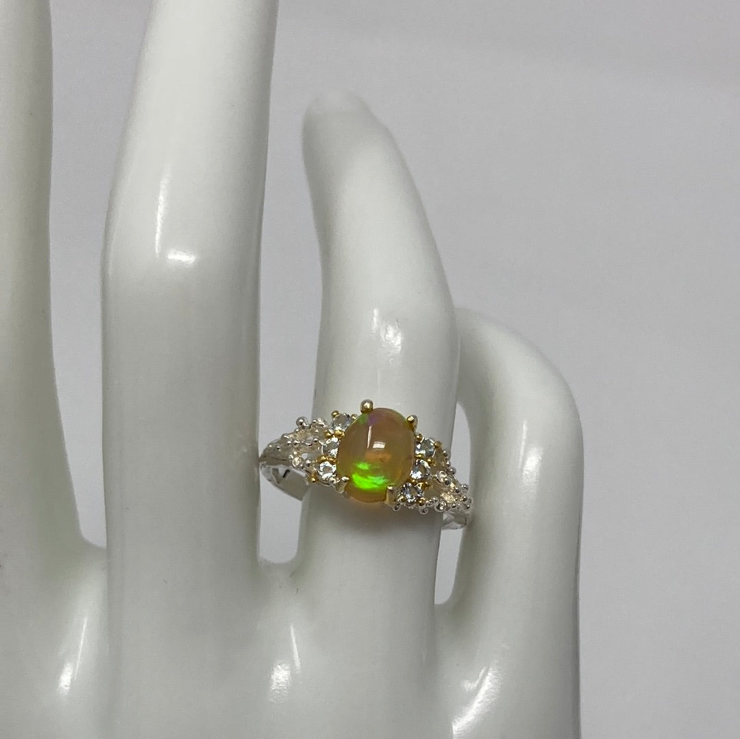 Genuine Fiery Opal With Blue Topaz Ring