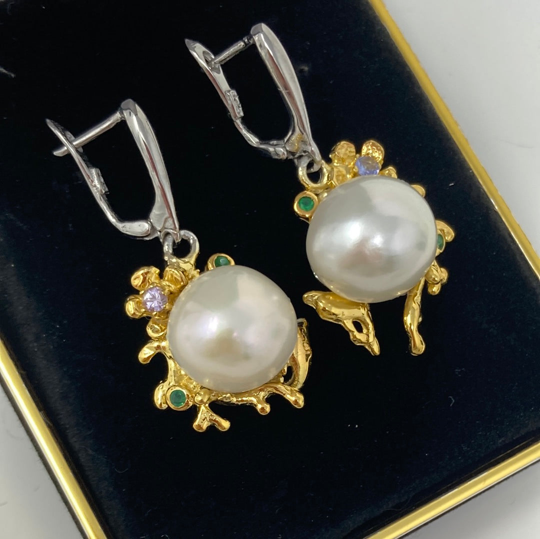 Lustrous Genuine Pearl, Emerald & Tanzanite Earrings.