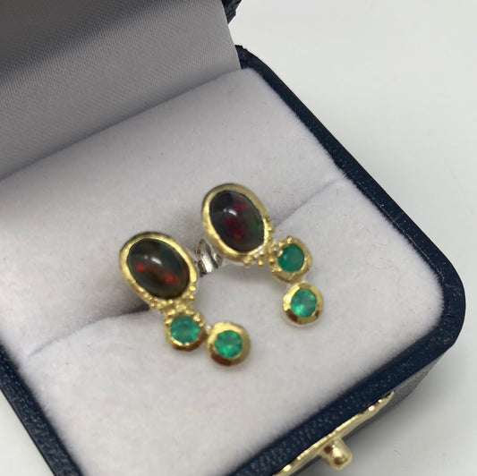 Genuine Black Opal and Green Onyx Earrings