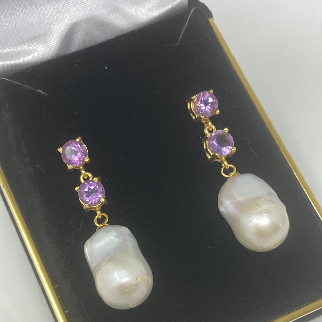 Genuine Baroque Pearl & Amethyst Earrings