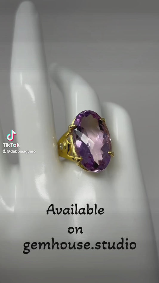 Genuine Amethyst 24 CTW Ring Unusual Marquee Checkerboard Faceted