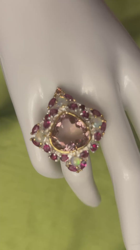 Exquisite Genuine Ametrine with Opals & Rhodolite Garnets Ring