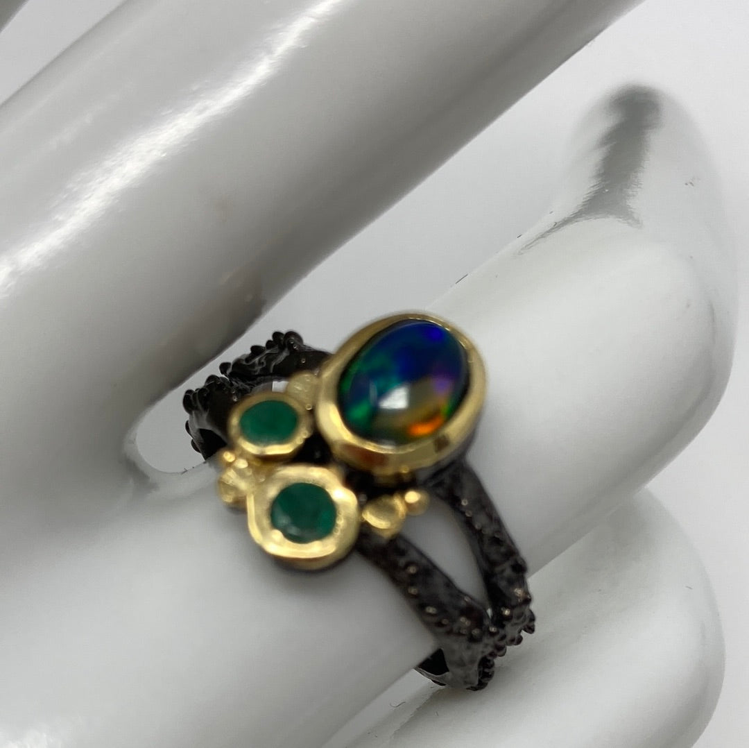 Genuine Black Opal & Emerald Ring