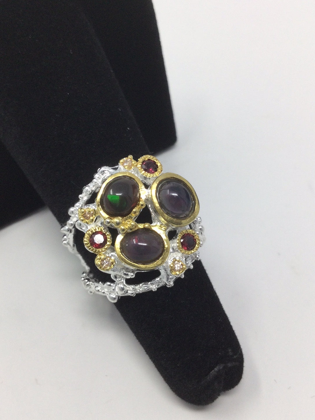 Genuine Black Opal & Garnet Ring