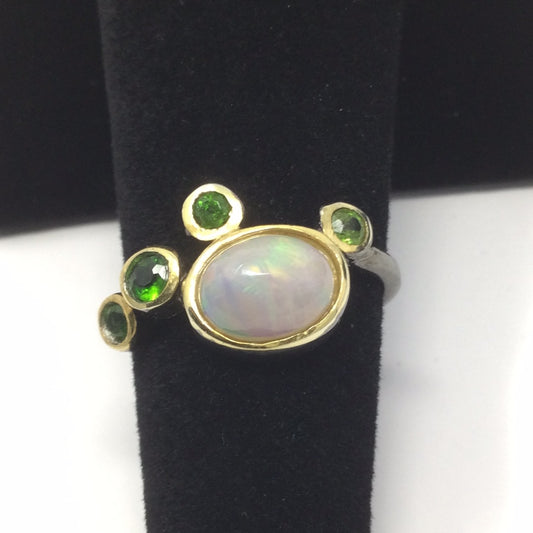 Genuine Fiery Opal & Russian Chrome Diopside Ring