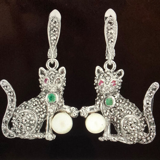 Genuine Marcasite, Ruby & Pearl Cat Earrings