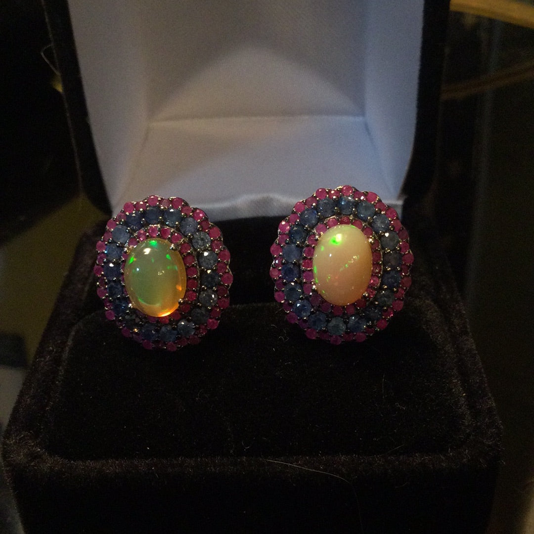 Genuine Fiery Opal, Sapphire & Rubies Earrings