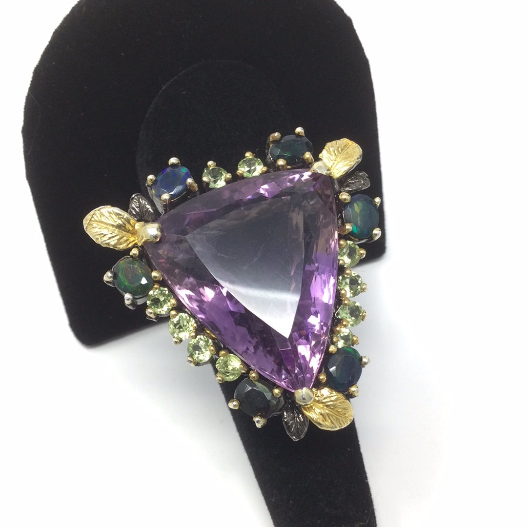 Genuine Amethyst & Black Opal Trillion Cut Ring