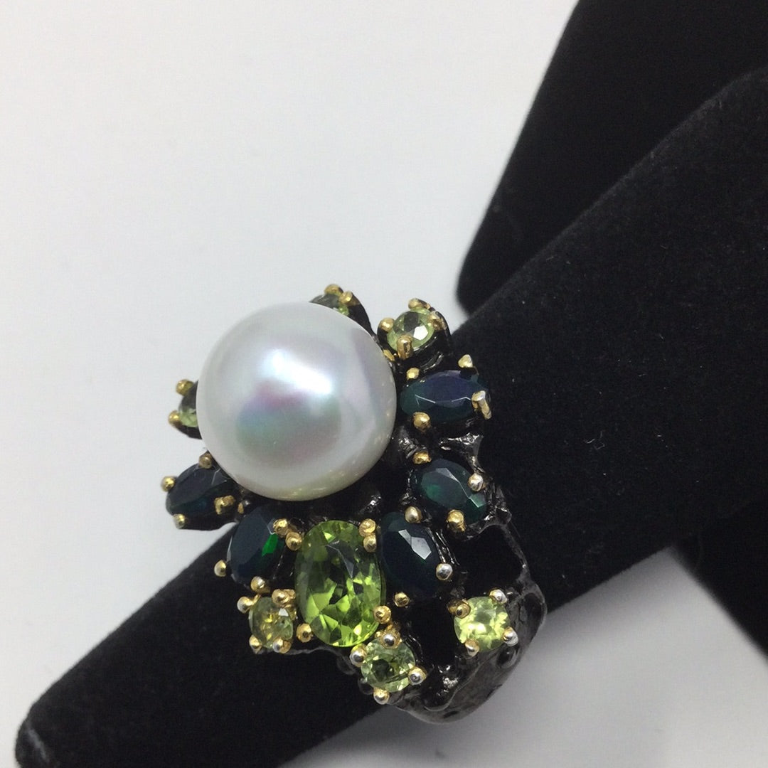 Intriguing Genuine Pearl, Black Opal Ring