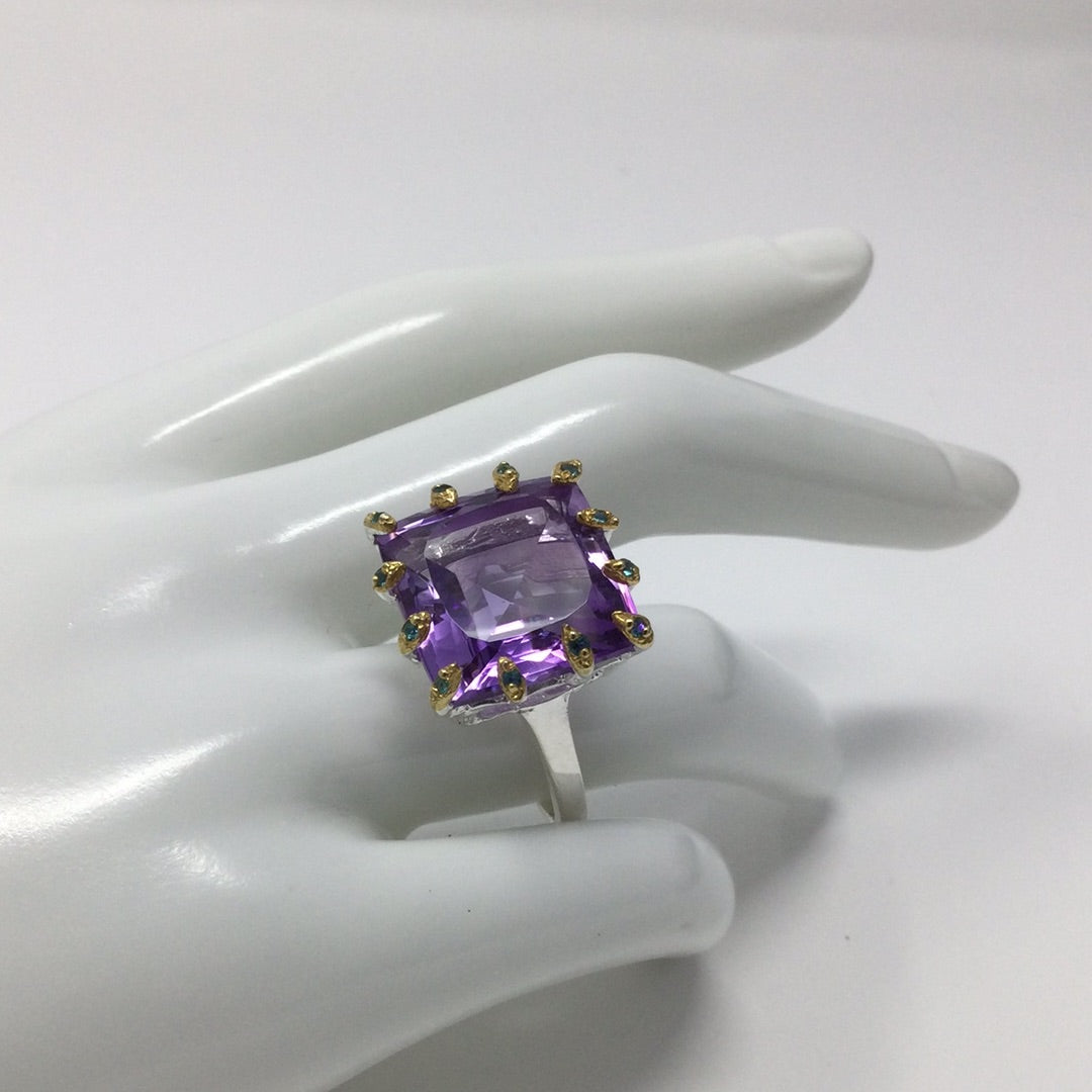 Square Faceted Cut Genuine Amethyst Ring