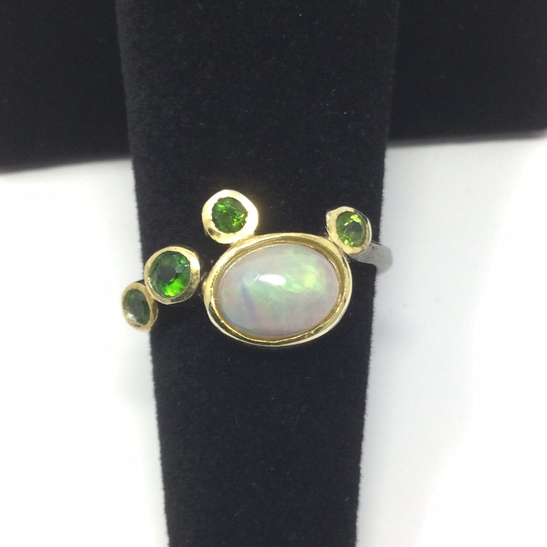 Genuine Fiery Opal & Russian Chrome Diopside Ring