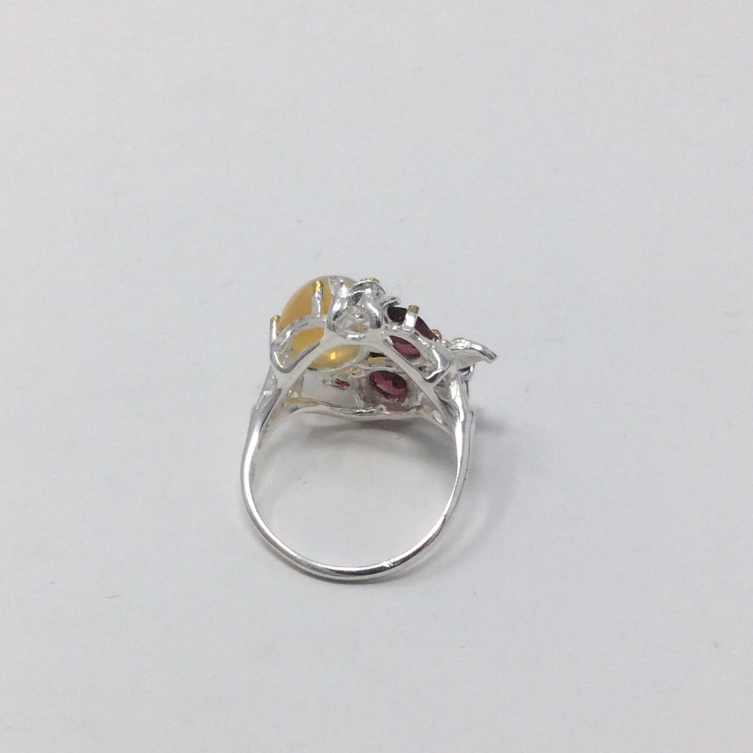 Genuine Opal, Garnets & Amethyst Ring