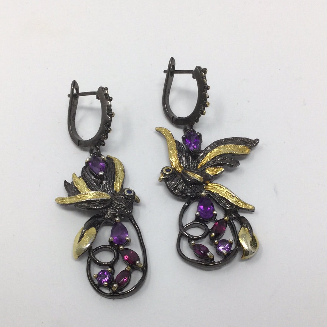 Precious Amethyst & Garnet Bird Earrings