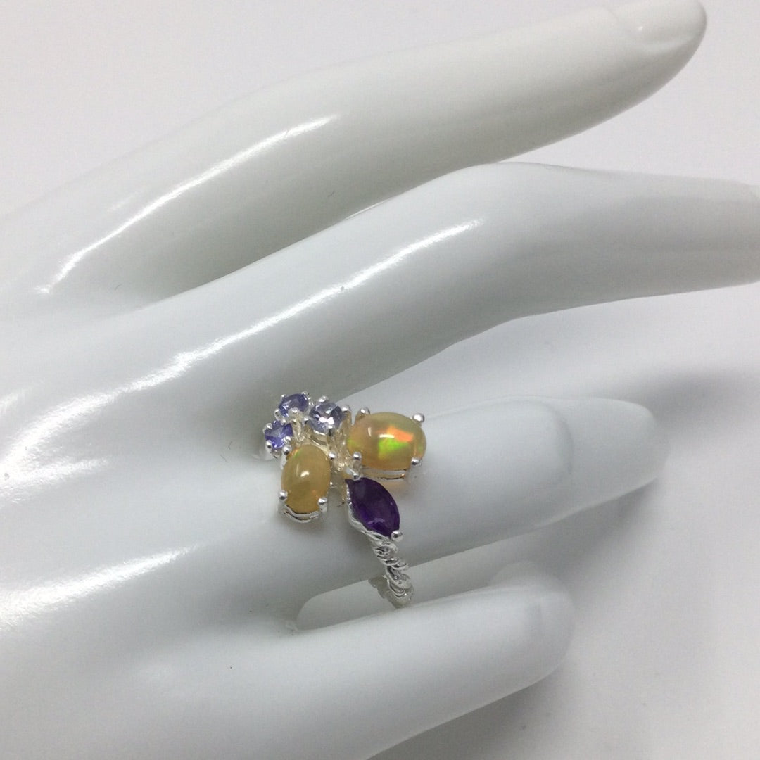 Genuine Opals, Tanzanites & Amethyst Ring