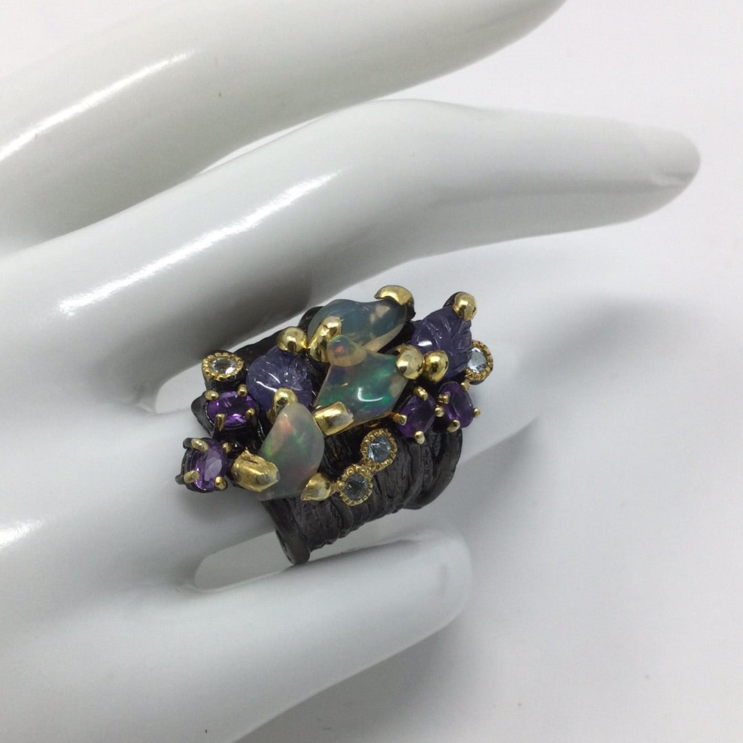 Genuine Fiery Opals, Tanzanite & Amethyst Ring