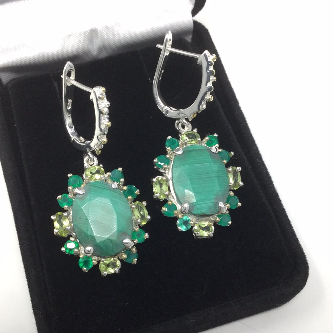 Genuine Malachite, Onyx & Peridot Earrings