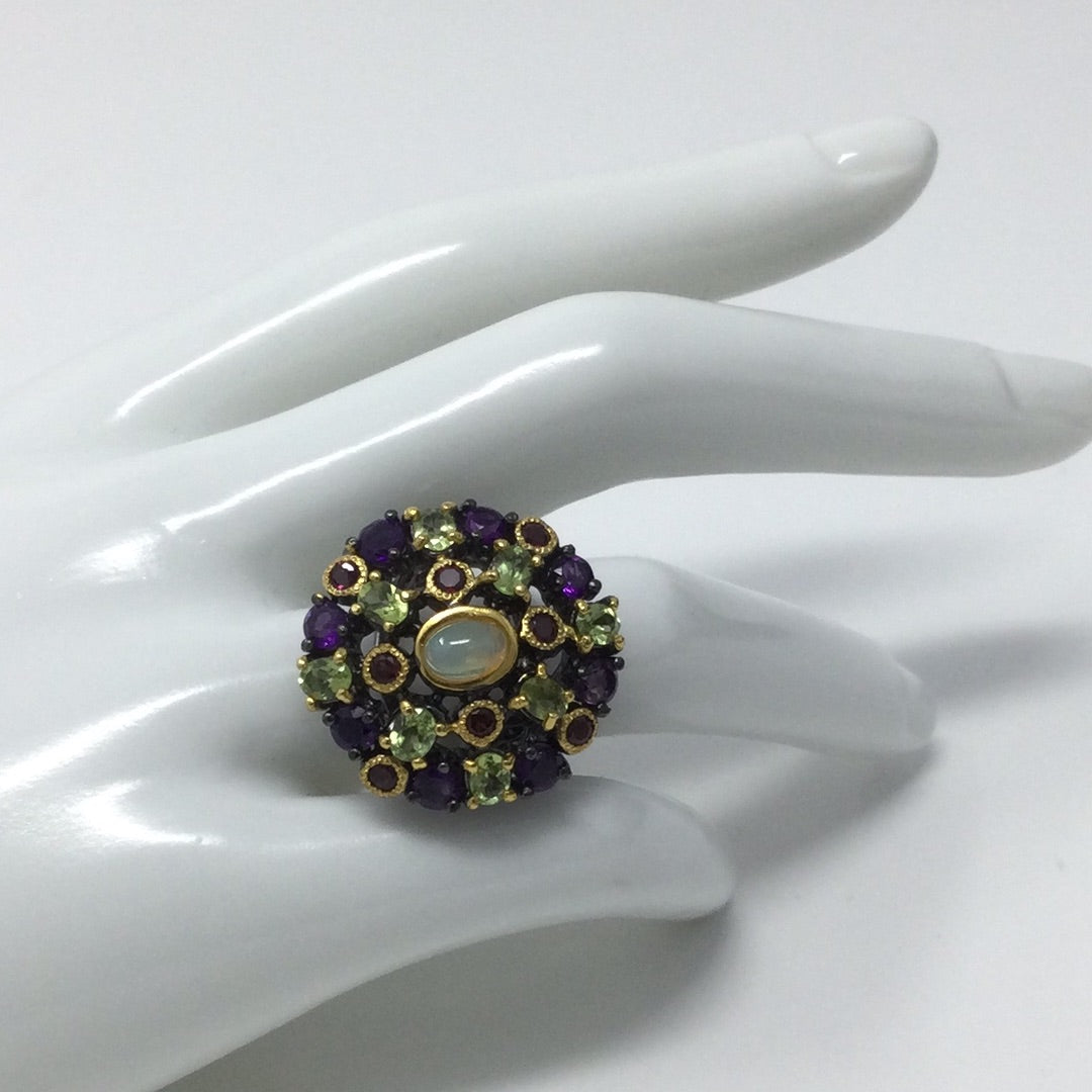 Genuine Fiery Opal, Amethysts, Garnets & Peridot Ring