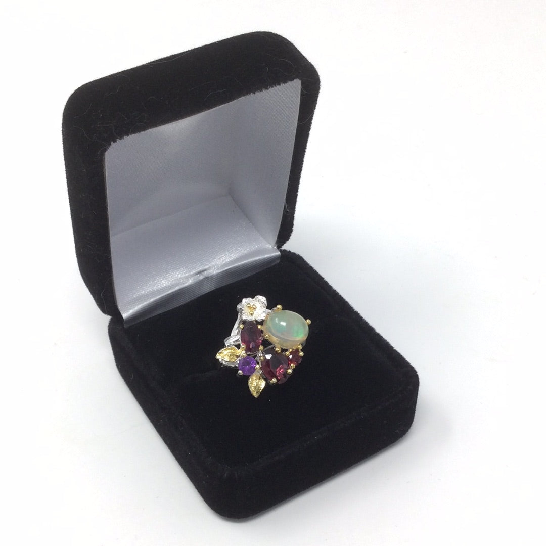 Genuine Opal, Garnets & Amethyst Ring