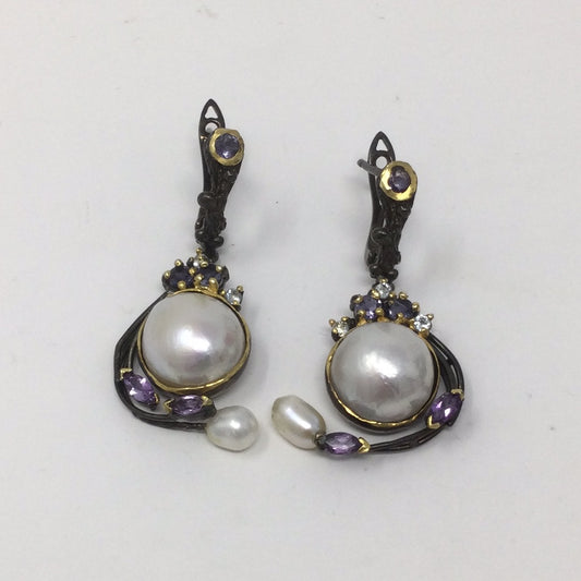 Genuine Pearl & Tanzanite Earrings