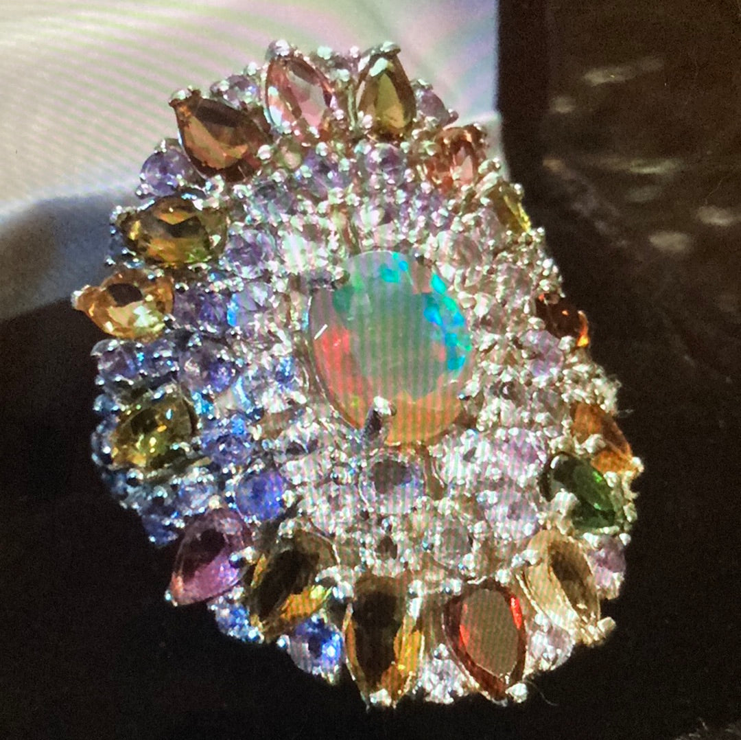 Genuine Faceted Fiery Natural Opal with Tanzanite & Tourmalines Ring