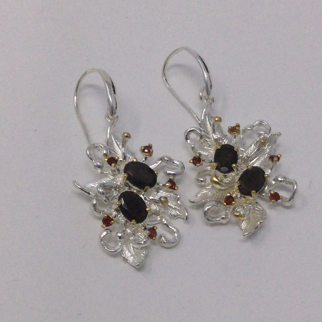 Genuine Black Opals and Garnet Earrings