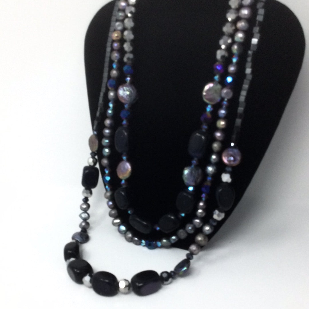 Starry Night Blue Goldstone & Freshwater Pearl Necklace | Handmade Artist Orginal