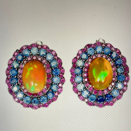 Genuine Fiery Opal, Sapphire & Rubies Earrings