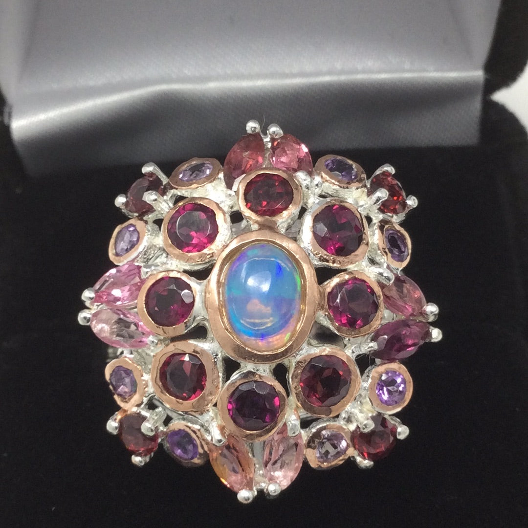 Genuine Opal, Tourmaline & Garnet Ring