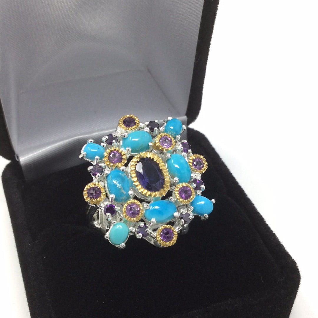 Special Unique Iolite & Turquoise Ring