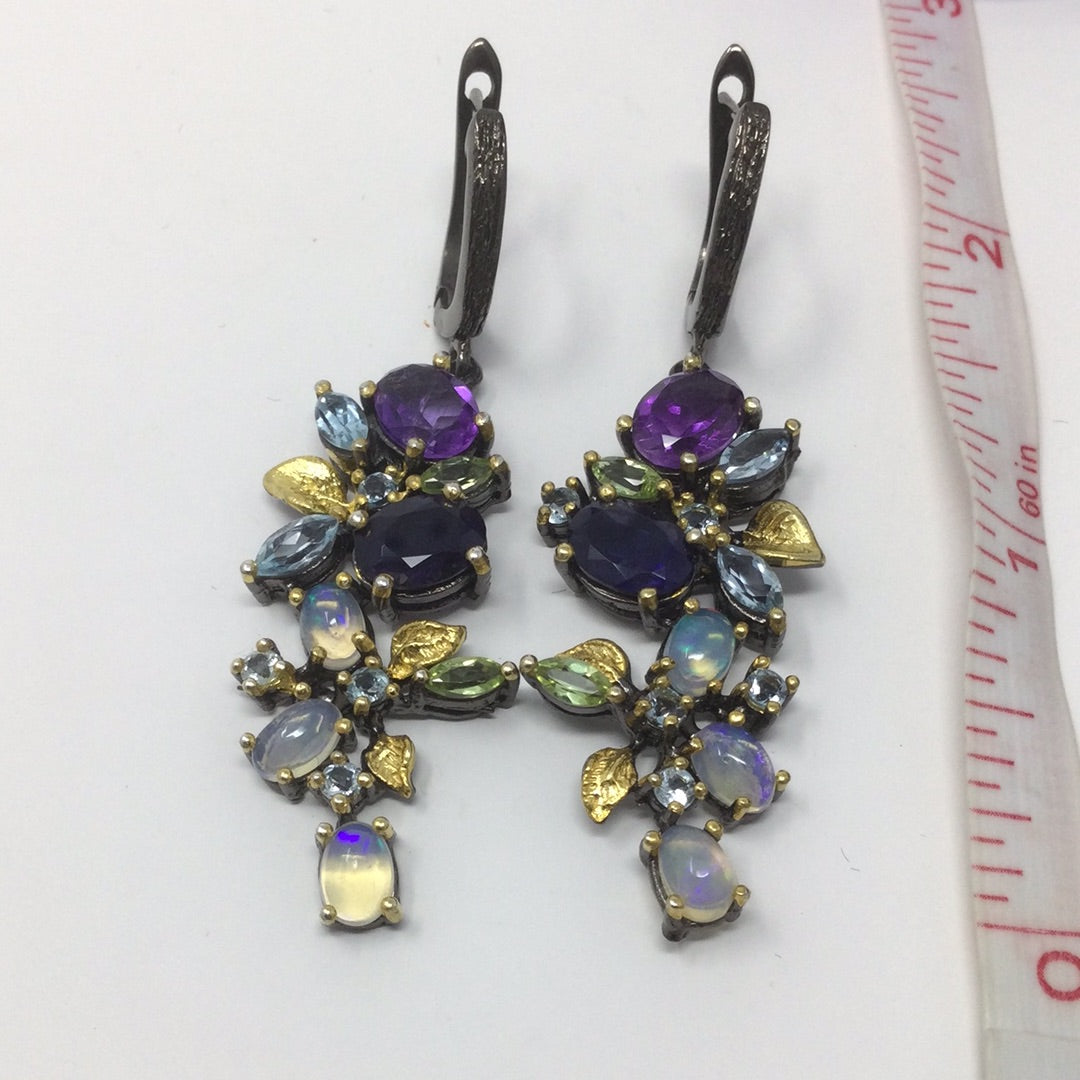 Genuine Amethyst, Iolite & Opal Earrings