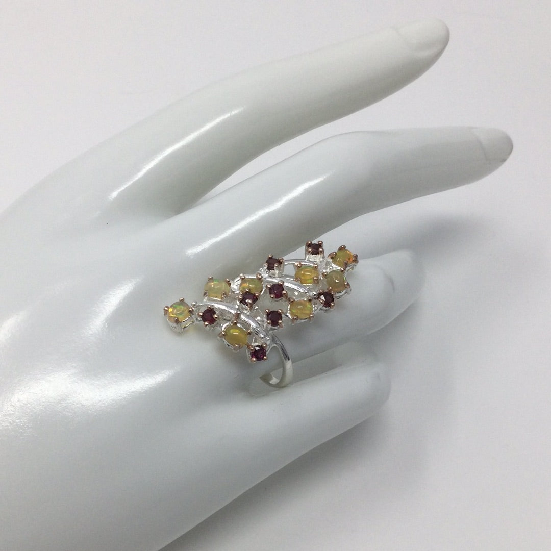 Mesmerizing Genuine Fiery Opals & Garnet Ring