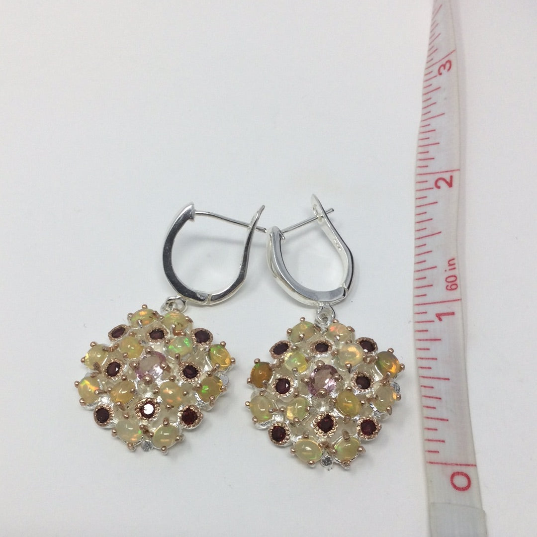 Genuine Pink Tourmaline, Opals & Garnet Earrings