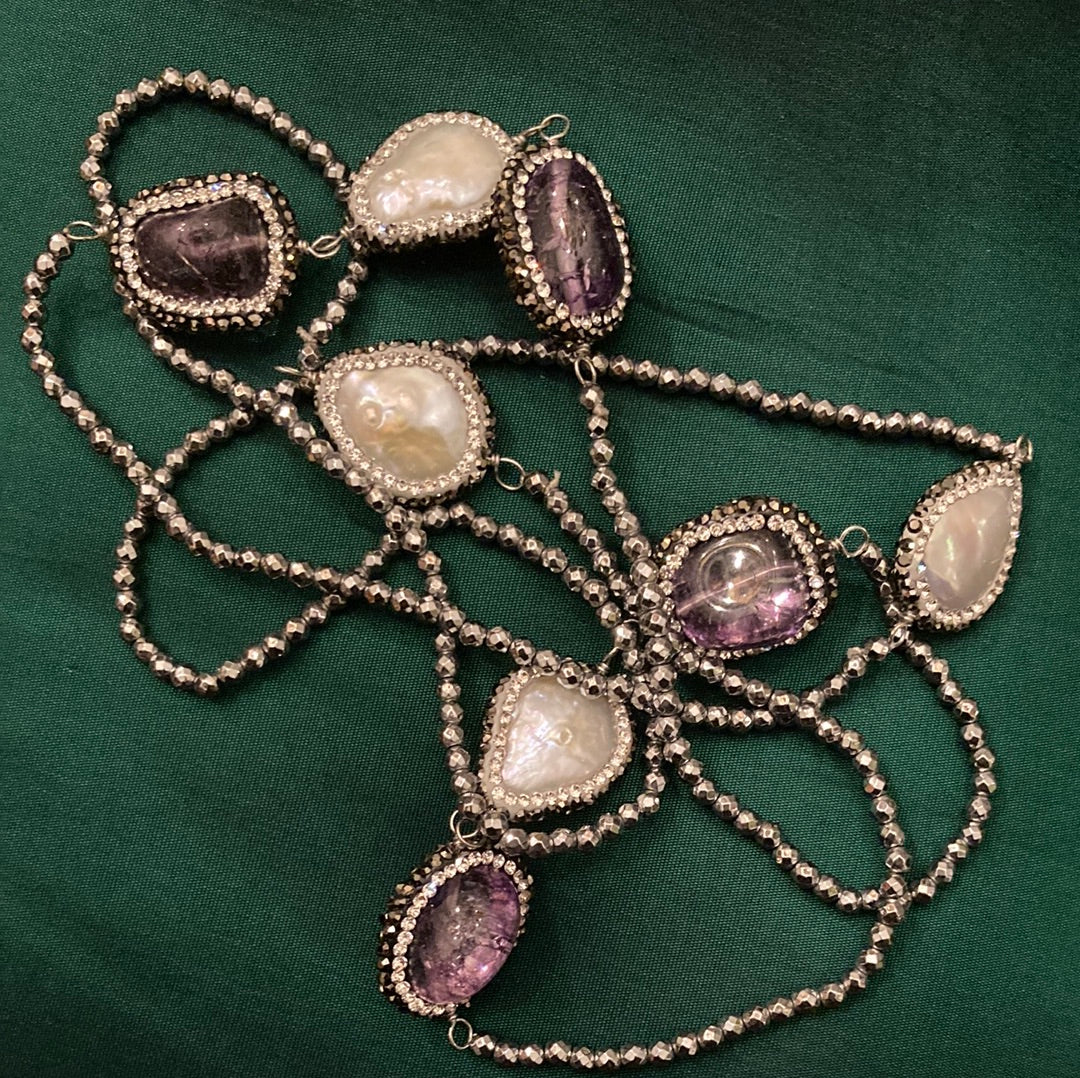 Genuine Amethysts & Baroque Pearls Necklace