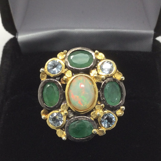 Gorgeous Genuine Opal & Emerald Ring