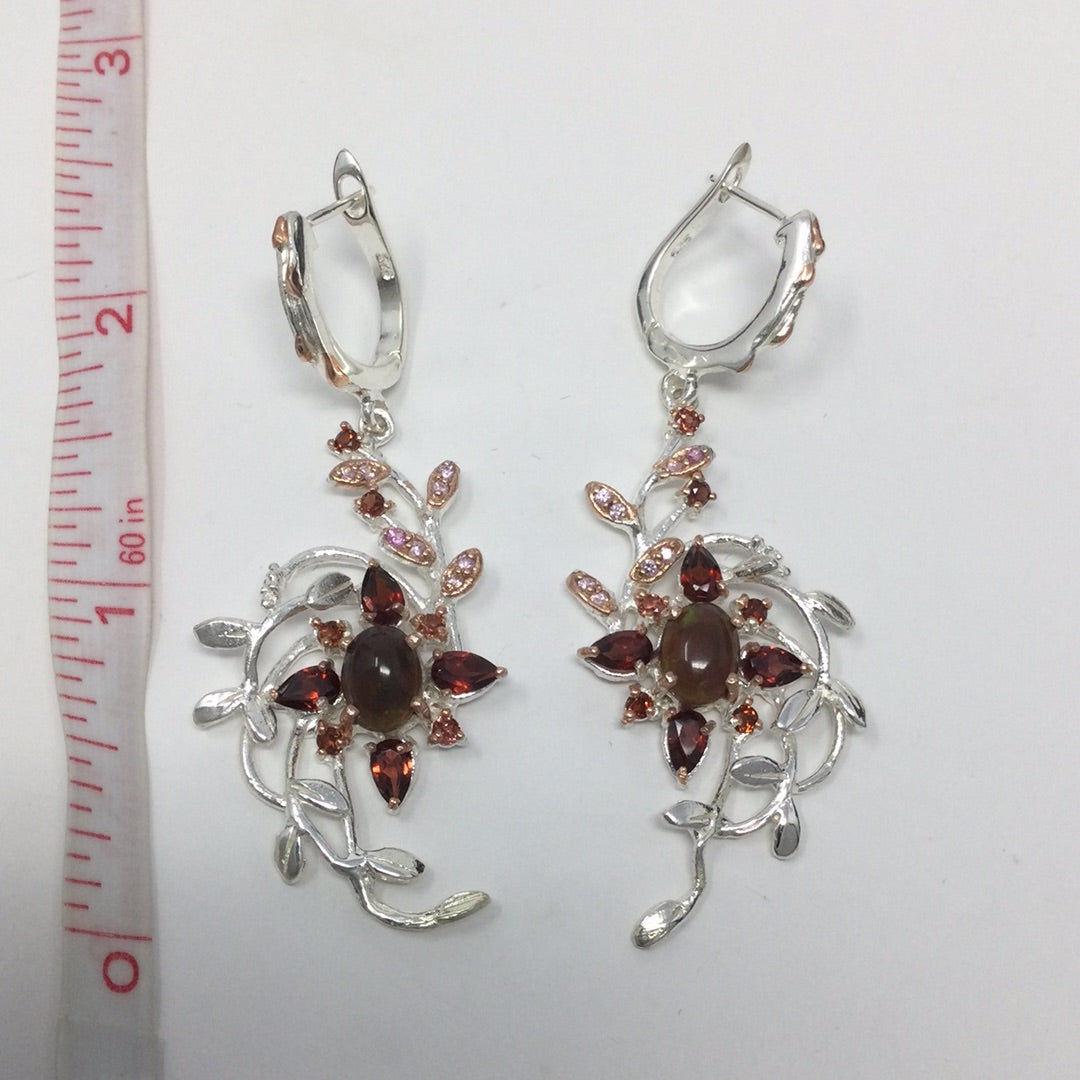 Genuine Black Opals & Garnet Earrings