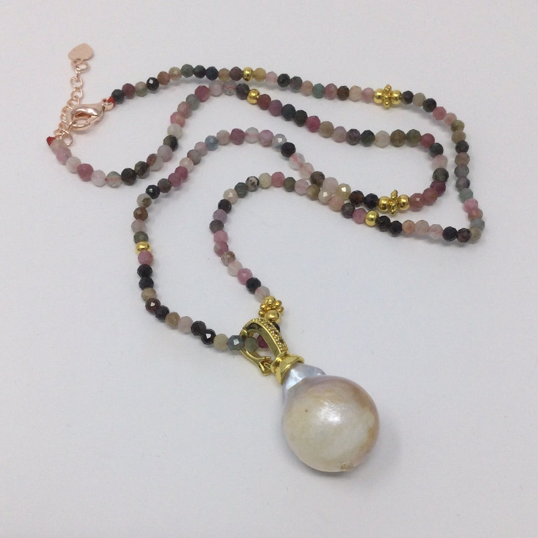 Genuine Baroque Pearl Necklace with Tourmalines