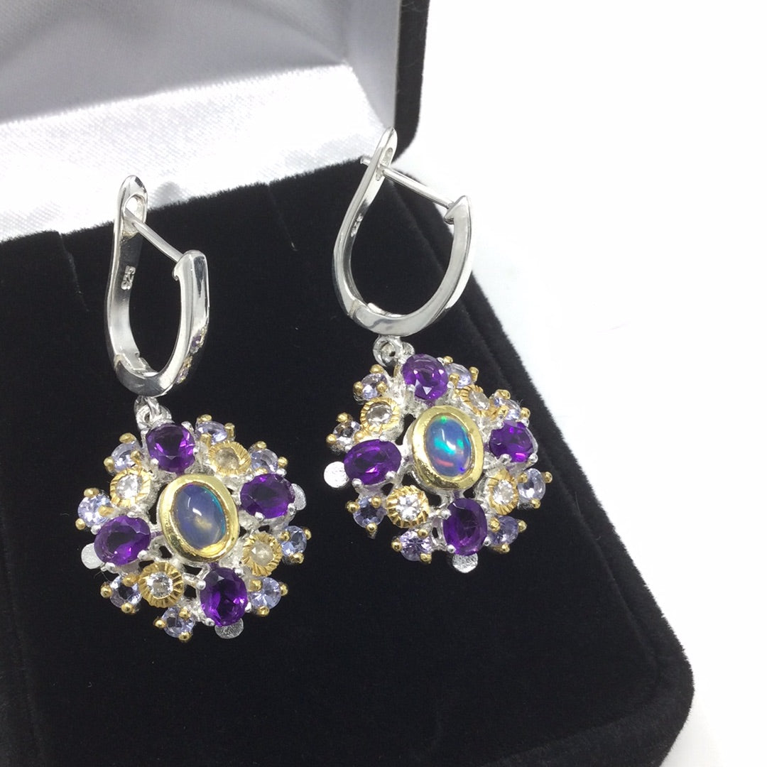 Genuine Opal, Tanzanite & Amethyst Earrings