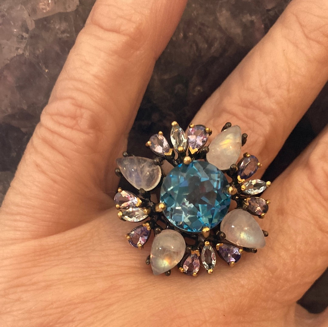 Moon Glow Genuine  Blue Topaz & Blue Moonstone Ring