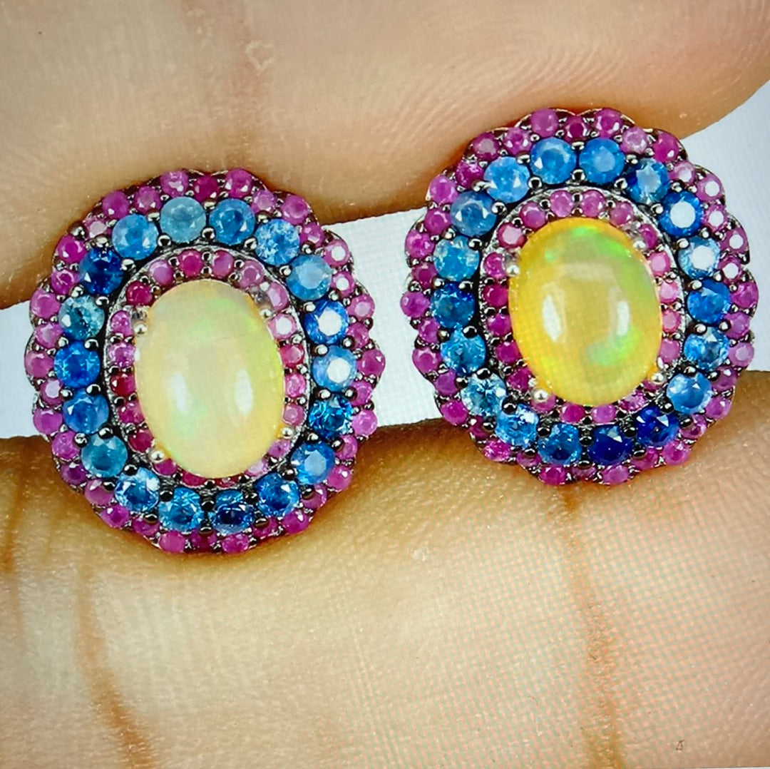 Genuine Fiery Opal, Sapphire & Rubies Earrings