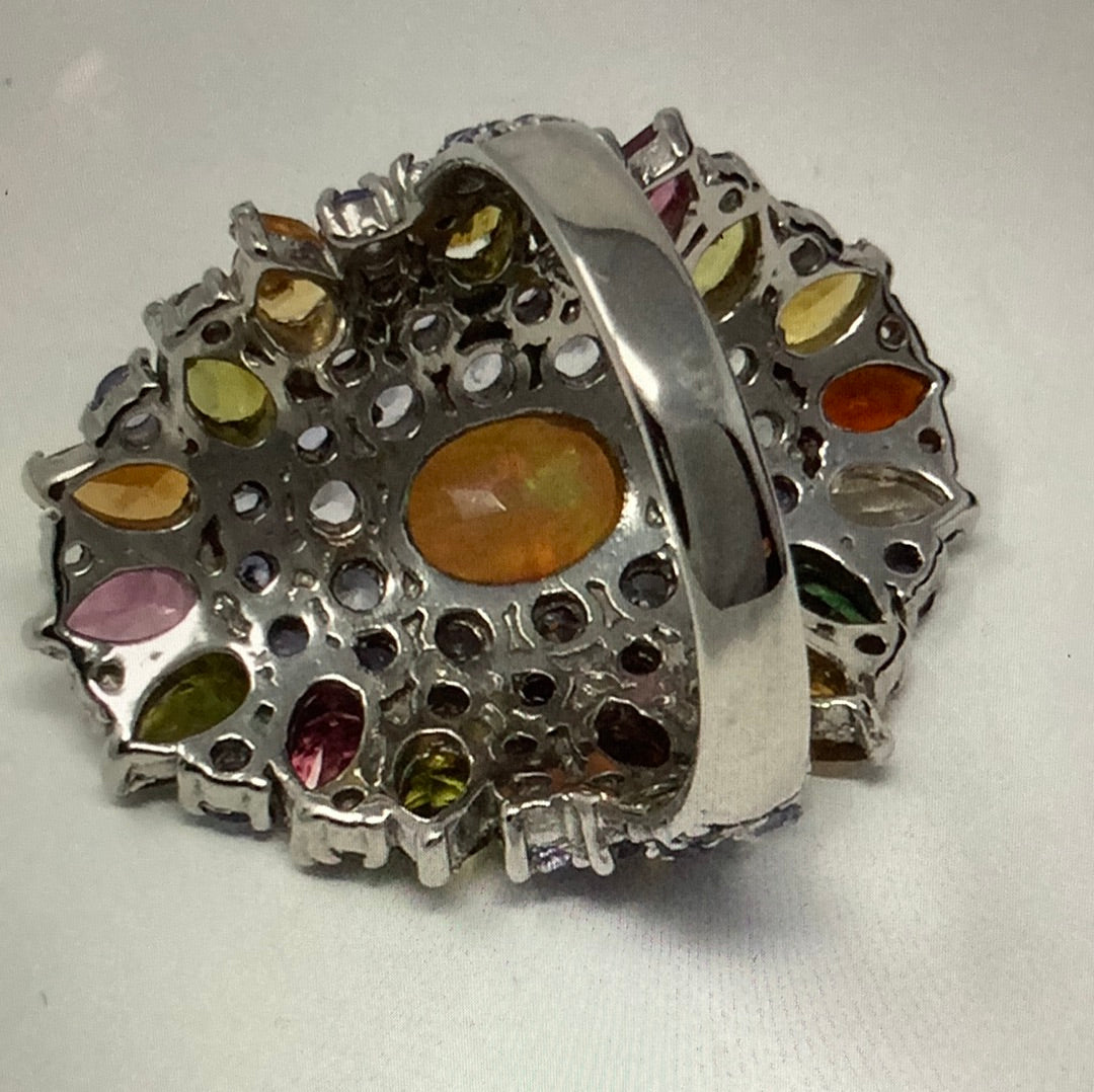 Genuine Faceted Fiery Natural Opal with Tanzanite & Tourmalines Ring
